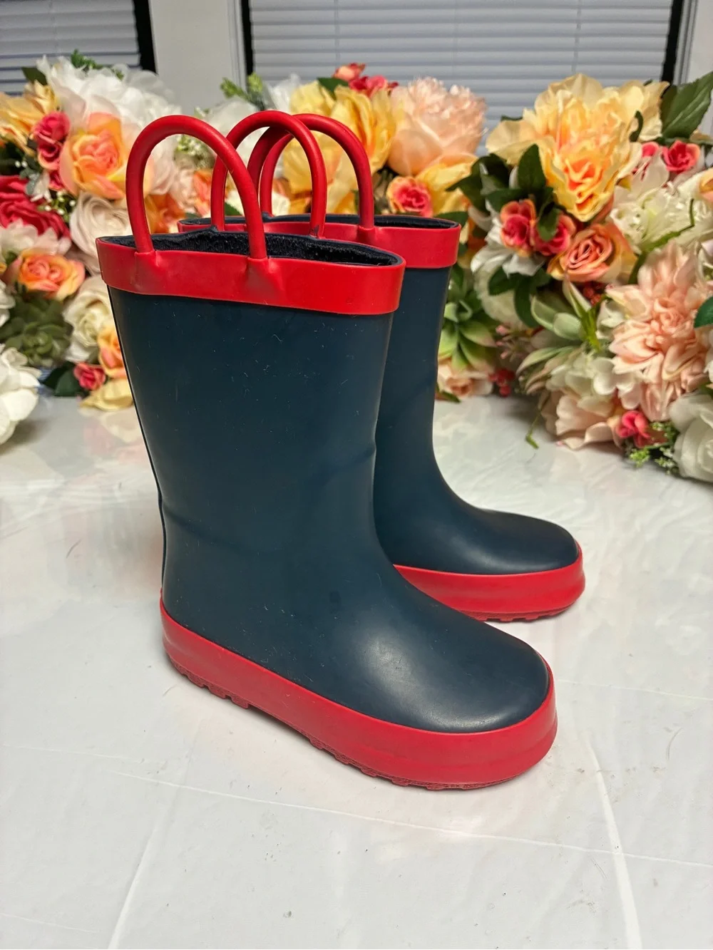 Kids Rain Boots Navy Red Pull Handles Size 7 Mid Calf Round Toe